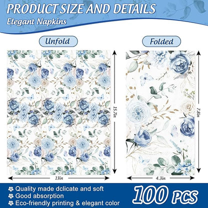 100Pcs Floral Guest Napkin Watercolor Blue Flower Butterfly Disposable Napkin - Image 2