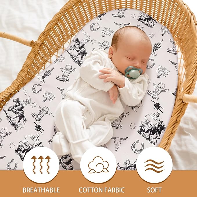 VitalCozy 4 Pcs Vintage Western Cowboy Bassinet Sheets Set 32 x 16 x 3 Inches - Image 4