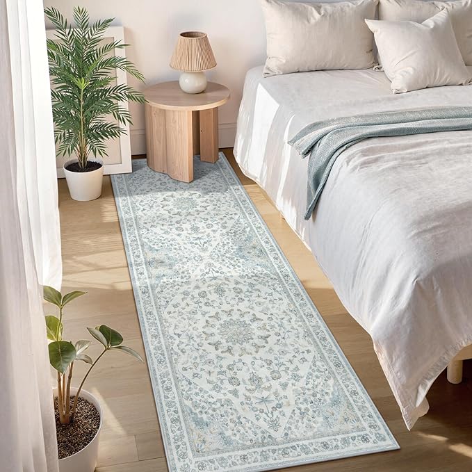 Moynesa Vintage Washable Blue 2x6 Hallway Runner Rug, Neutral Distressed - Image 8