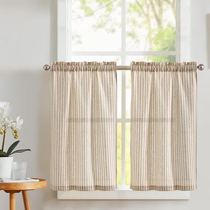 Vangao Stripe Farmhouse Kitchen Curtains 24 Inch Length Linen Cafe Curtains by Vangao
