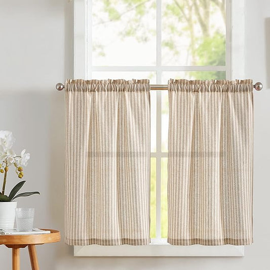 Vangao Stripe Farmhouse Kitchen Curtains 24 Inch Length Linen Cafe Curtains by Vangao