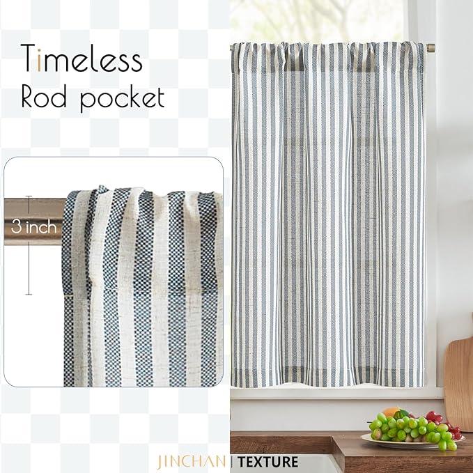 jinchan Striped Linen Kitchen Curtains 30 Inches Length Tier Curtains Farmhouse - Image 3