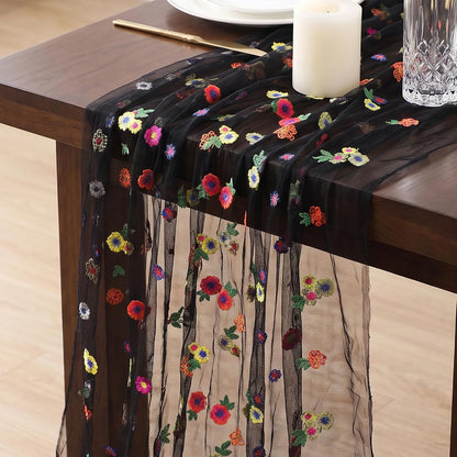 Black Embroidered Floral Daisy Tulle Table Runner Halloween 10FT 6 Pack