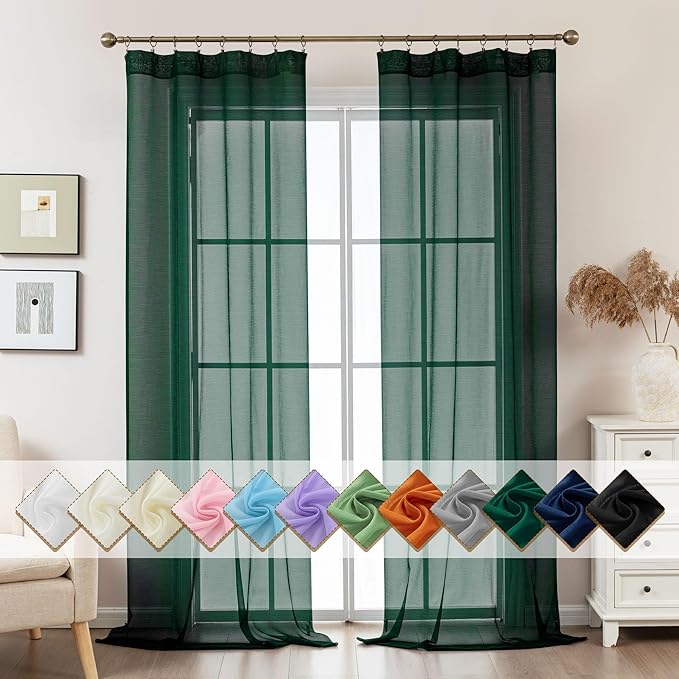 Green Sheer Curtains 96 Inches Long, Privacy Semi Sheer Curtains by ABLUEN