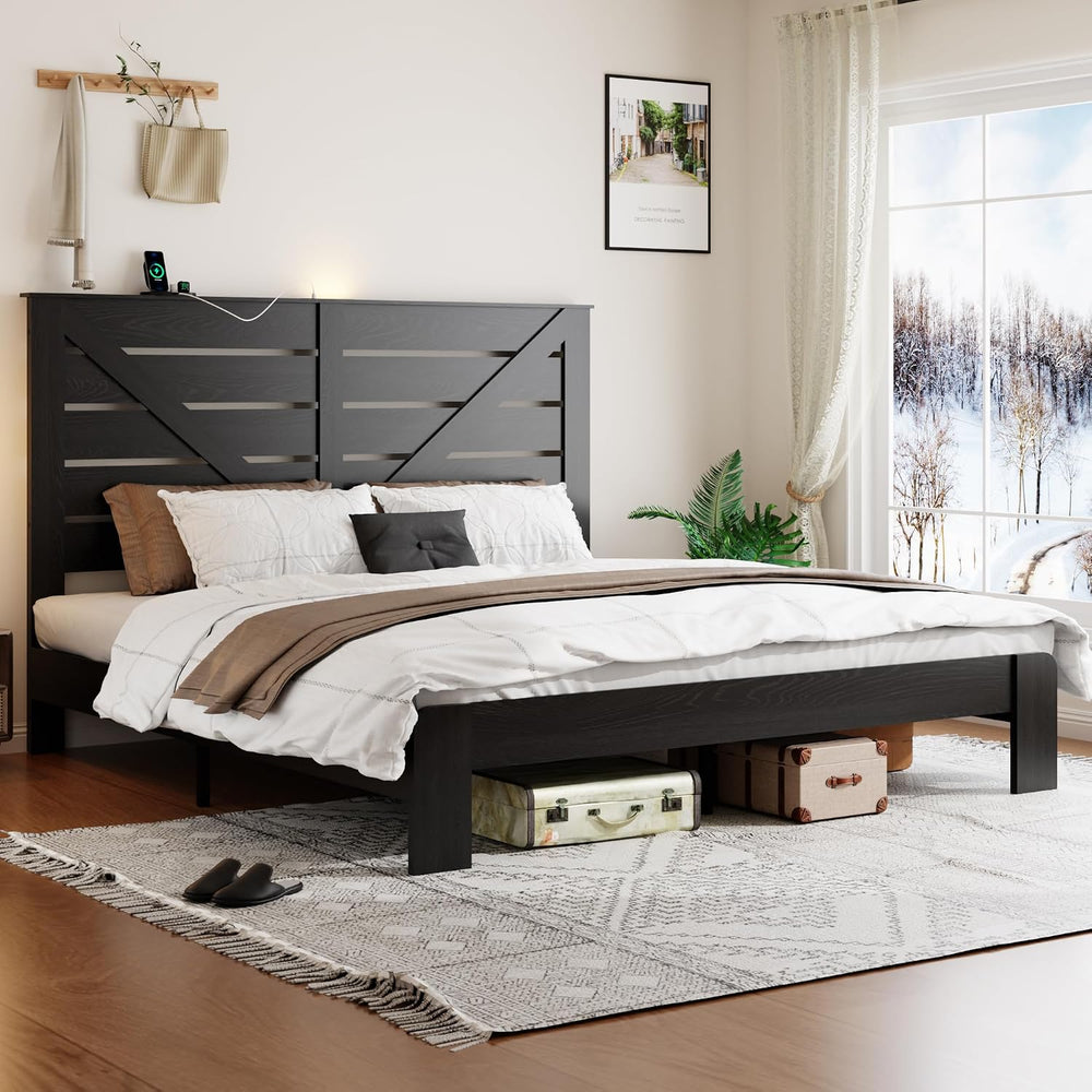 King Farmhouse Bed Frame with Headboard, LED Lights, USB Charging