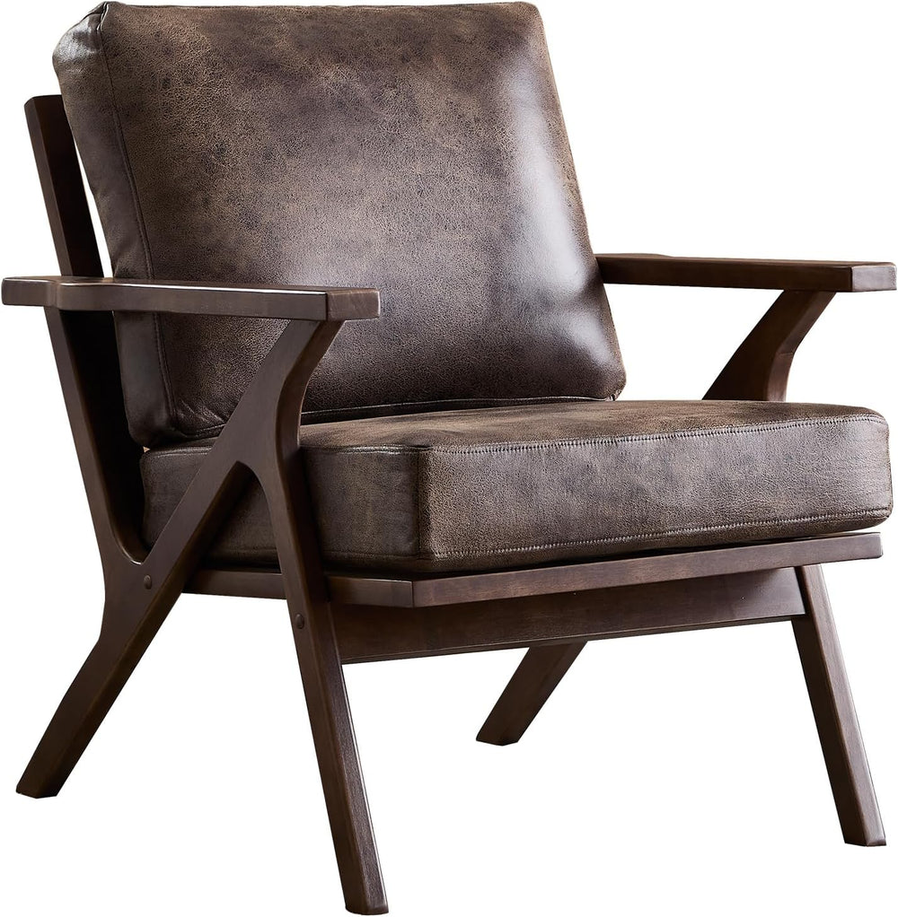 ANJ Faux Leather Accent Chair with Overstuffed Cushion, Mid-Century Modern Ar...