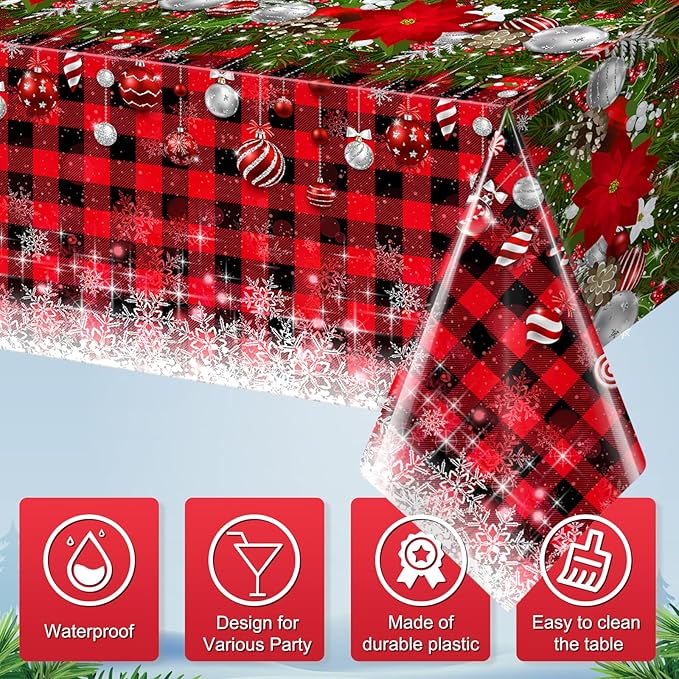 3Pcs Christmas Buffalo Plaid Snowflake Tablecloths, Plastic Red and Black - Image 4