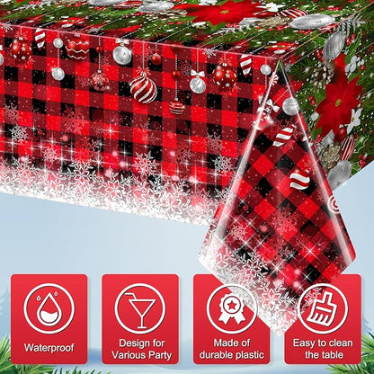 3Pcs Christmas Buffalo Plaid Snowflake Tablecloths, Plastic Red and Black - Image 4