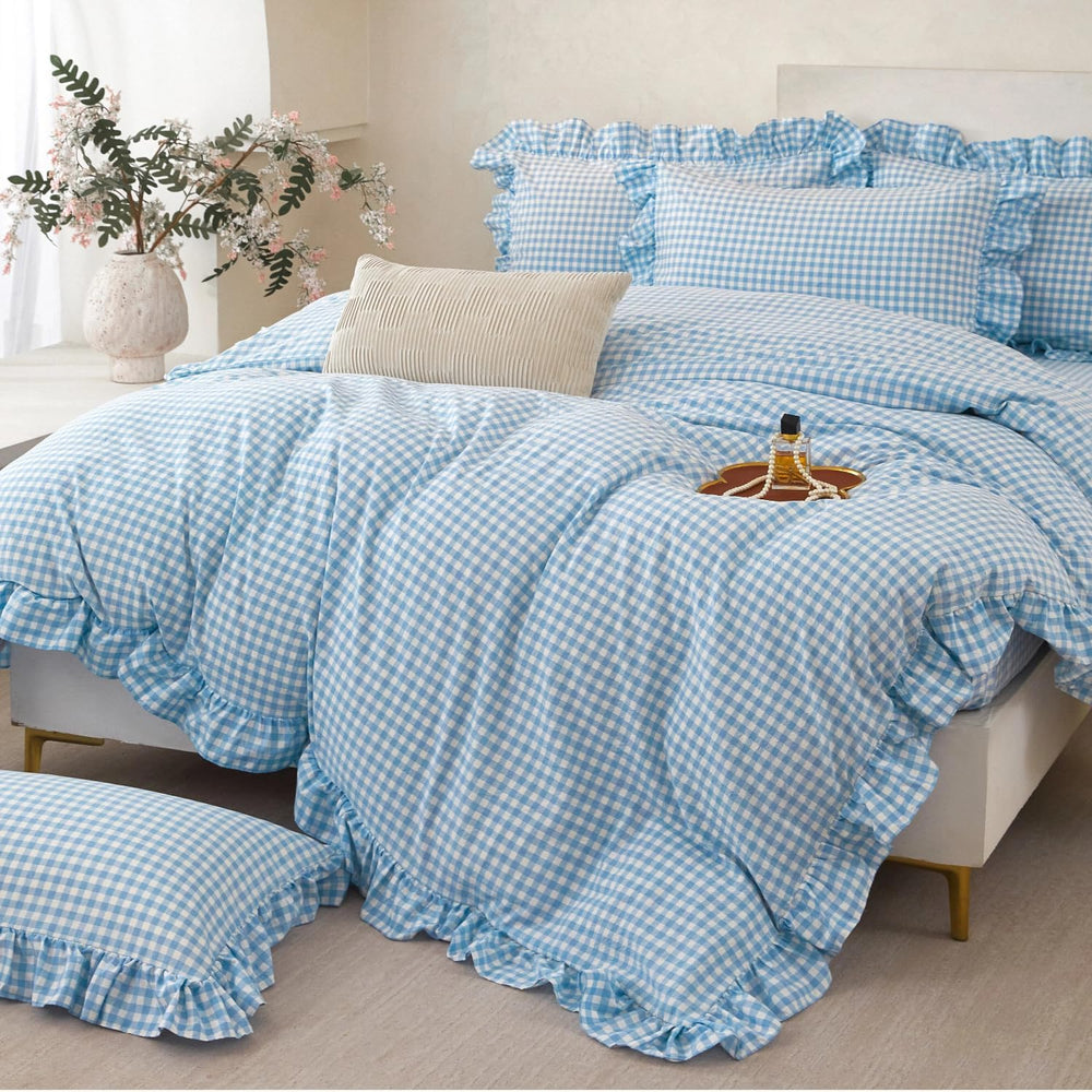 SUCSES Blue Ruffle Gingham Comforter Sets 5 Pieces King Plaid Bed in a Bag Fa...