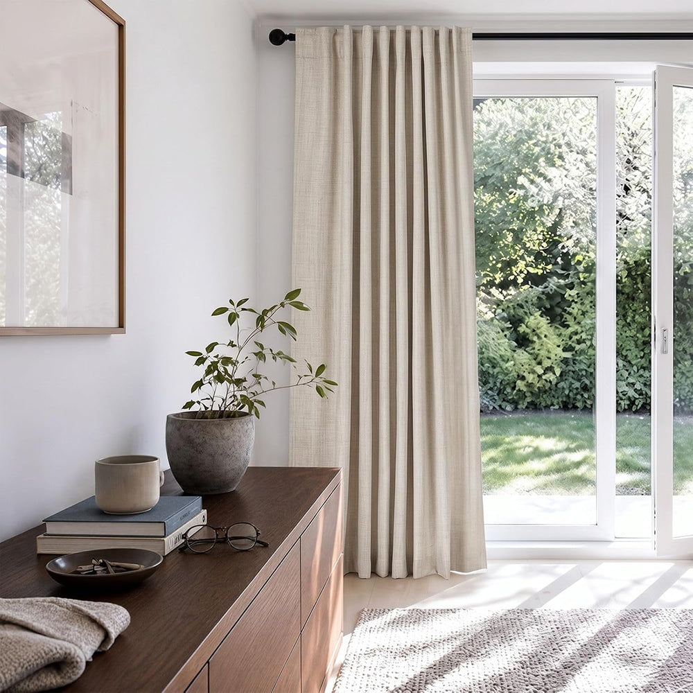 Linen Textured Total Blackout Sliding Door Curtains 84 Inches Long, Cream