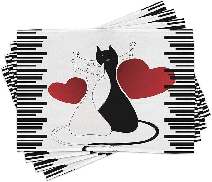 Ambesonne Cats Place Mats Set of 4, Romantic Kittens Pets Couple 2 Tails Hearts by Ambesonne