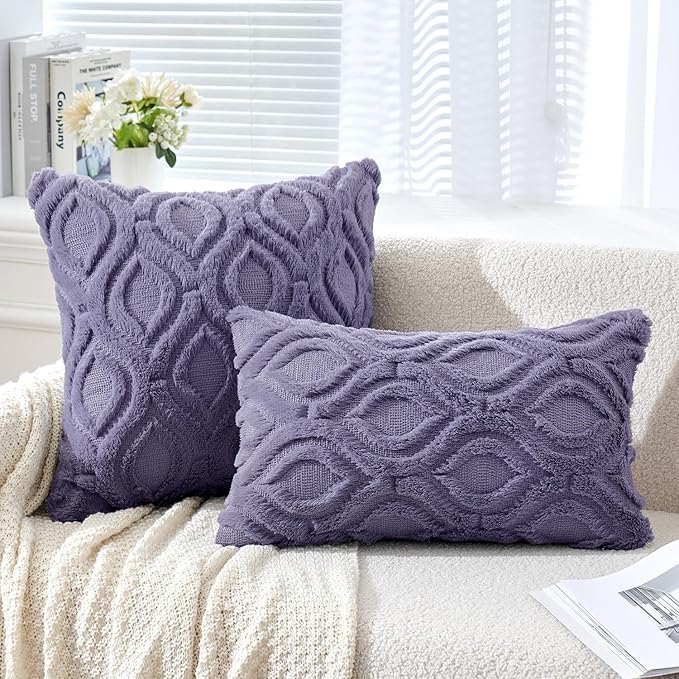 MIULEE Blue Purple Throw Pillow Covers 12x20 Inch, Soft Winter Plush Faux Wool - Image 2