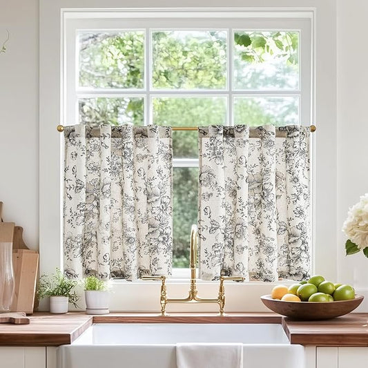 jinchan Linen Floral Tier Curtains 24 Inch Farmhouse Botanic Cafe Curtains by JINCHAN