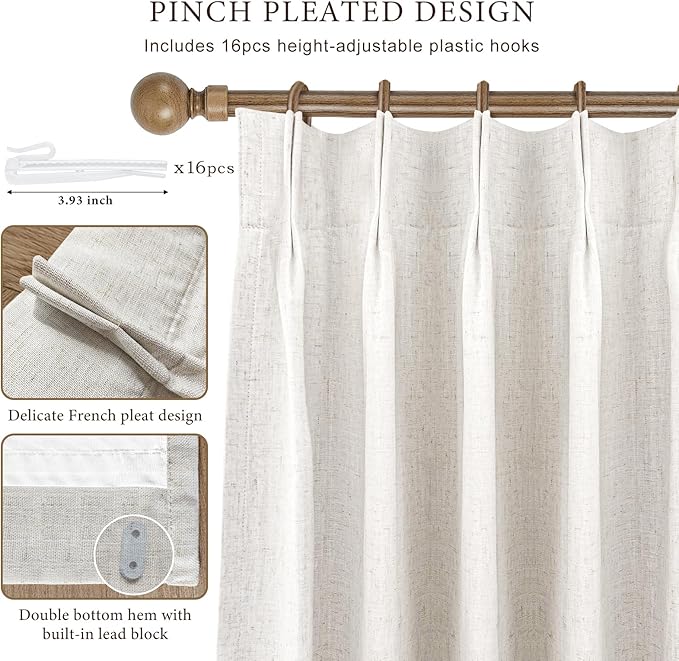 IVAPUPU Natural Pinch Pleated Full Blackout Curtains Linen Blend Room Darkening - Image 3