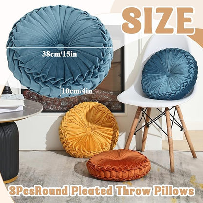 3 Pcs Round Throw Pillows Decorative Velvet Pleated Throw Pillows 15'' Diameter - Image 2