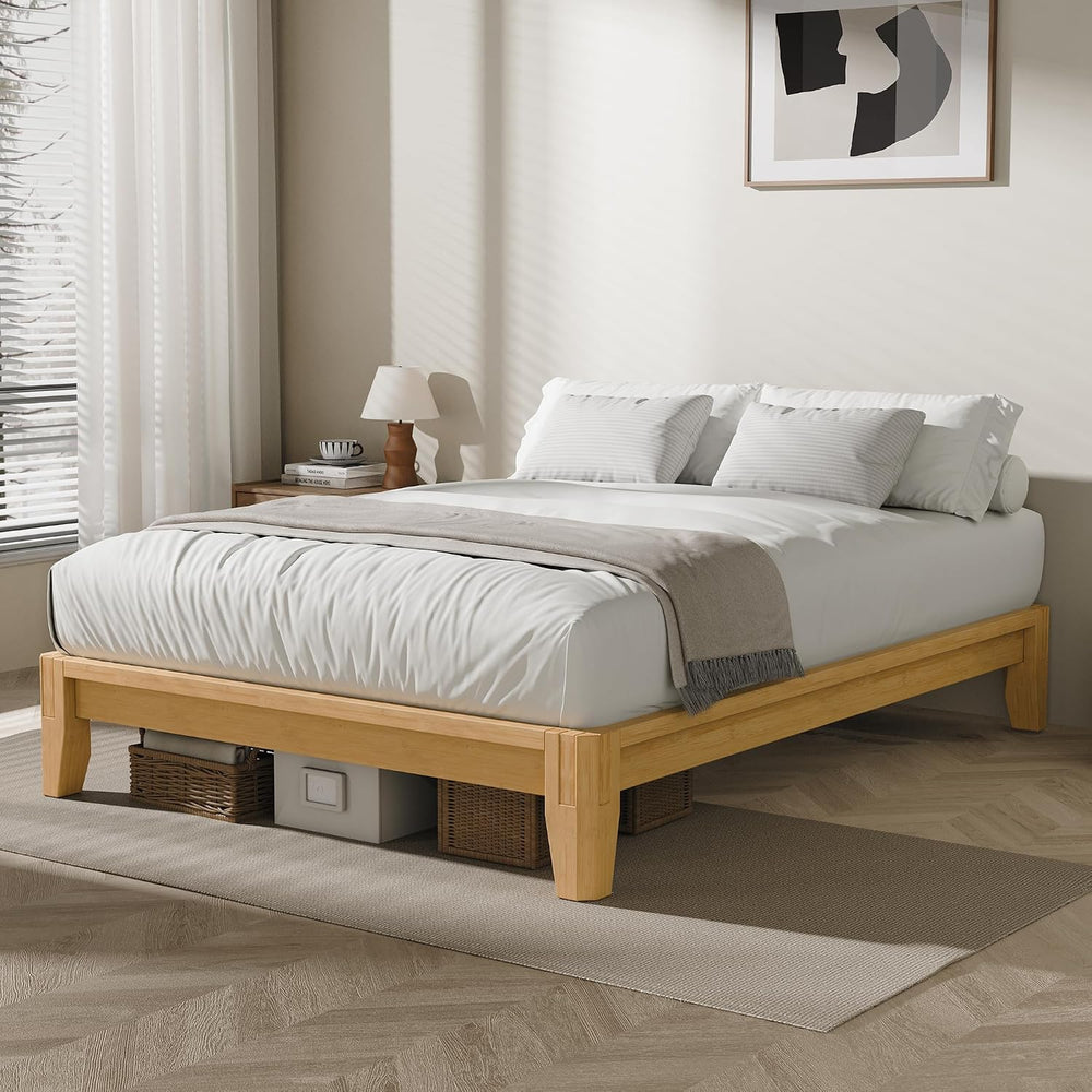 King Solid Bamboo Bed Frame, Japanese Joinery Platform Bed Frame（Natural）