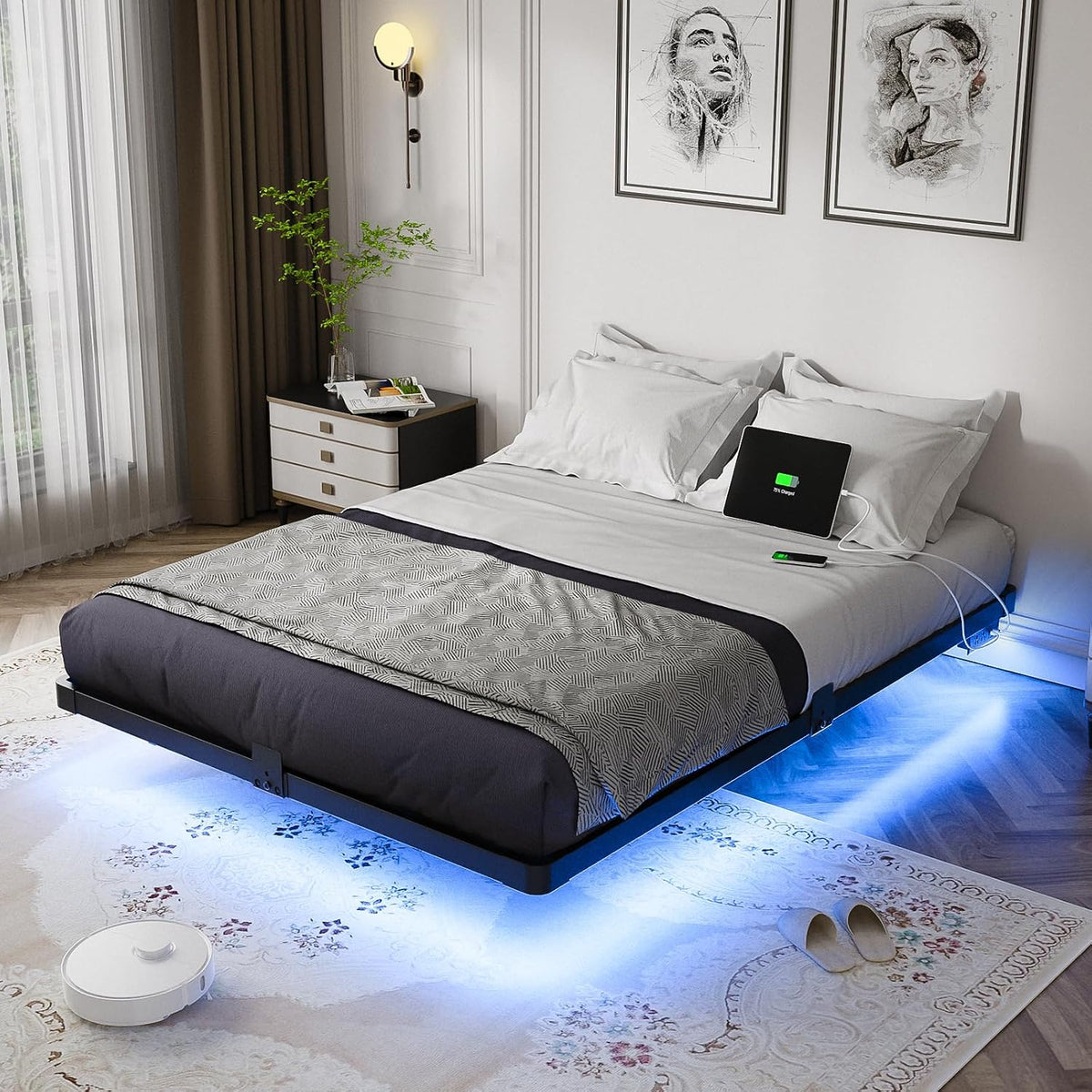 olevs floating bed frame full size metal with, main product view