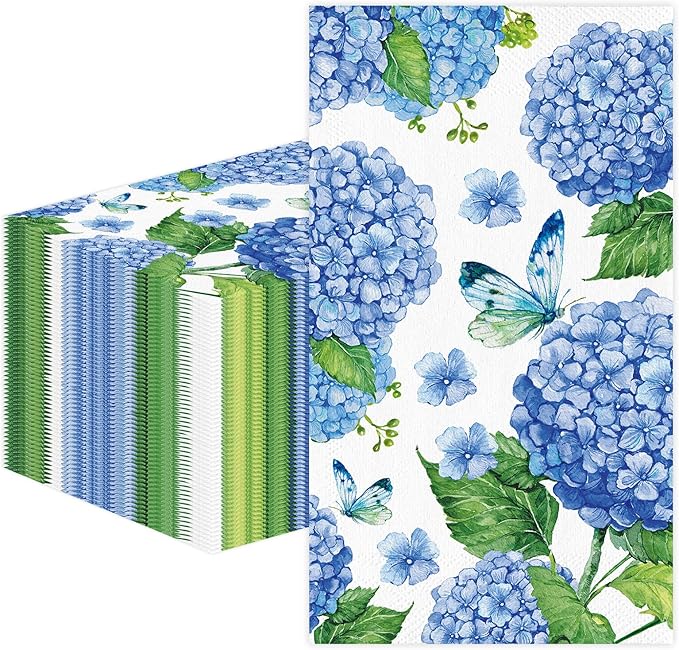 100 PCS Hydrangea Paper Napkins, Disposable Bathroom Hand Towels Blue and White by Unknown
