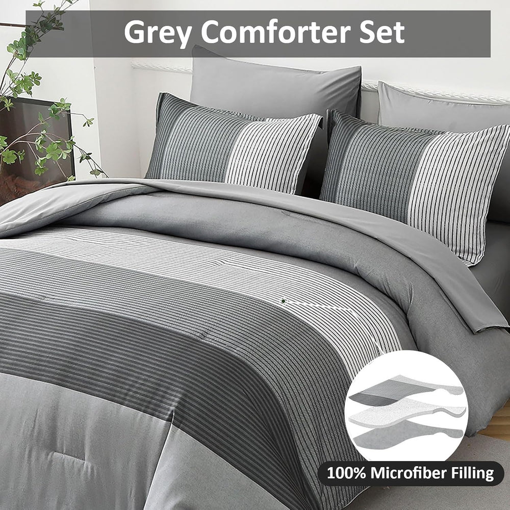 WONGS BEDDING Grey Comforter Set Queen, Reversible Grey Striped Patchwork Dow...