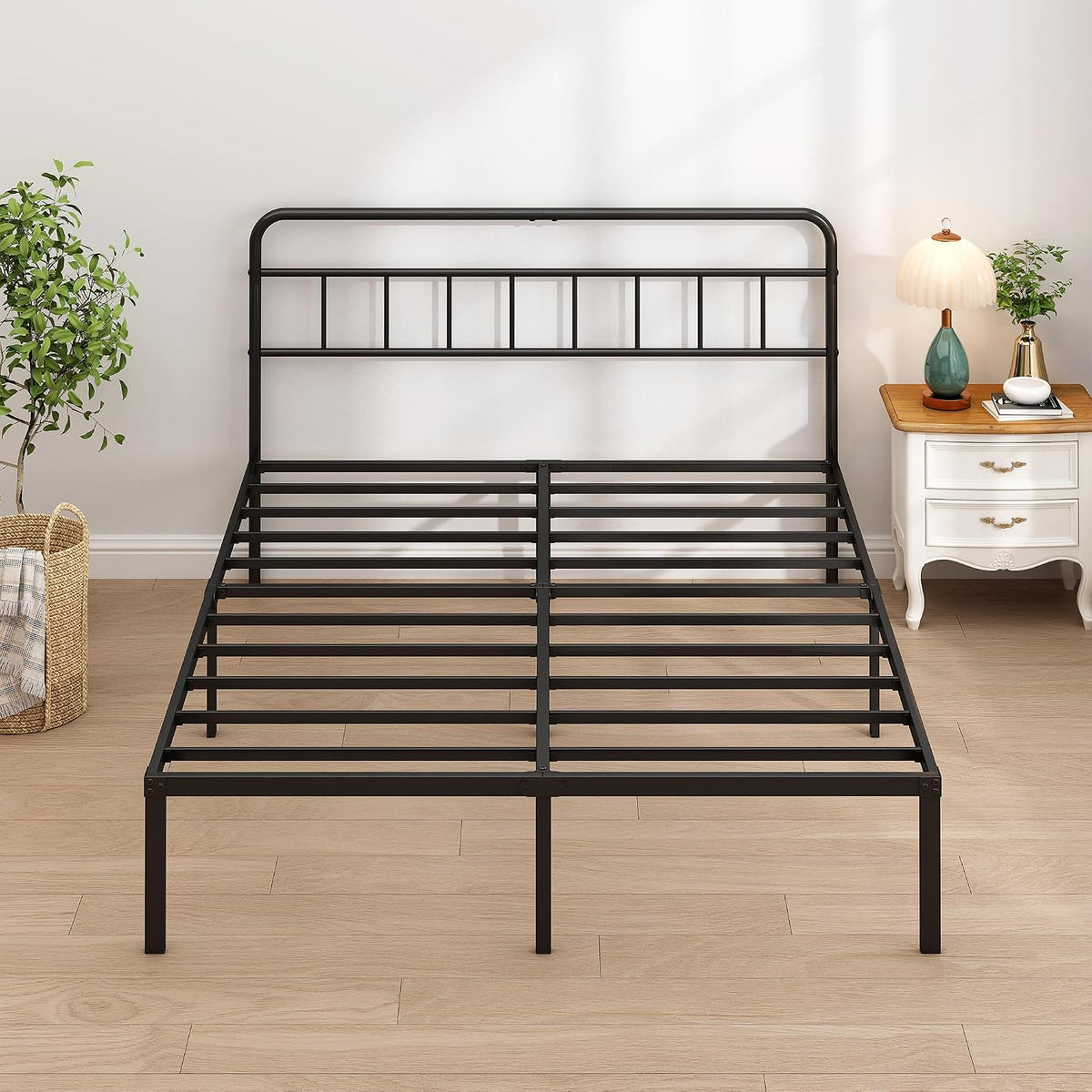 queen bed frame with classic headboard, black on a desk or shelf