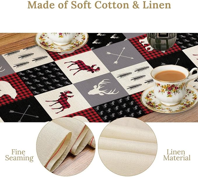 Farmhouse Bear Deer Table Runner, Retro Rustic Village Buffalo Plaid Table - Image 4