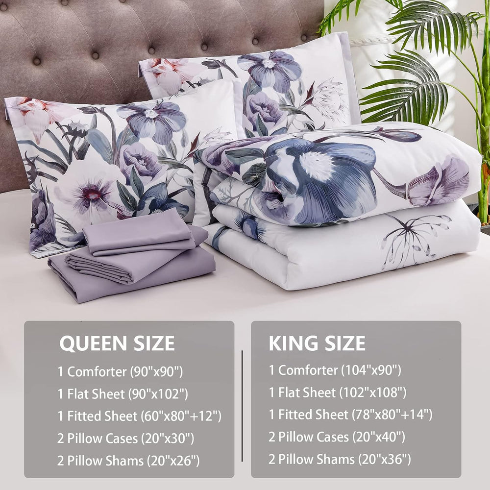 Luxudecor Floral Comforter Set Queen Size 7 Piece, Purple Flower Bed in a Bag...