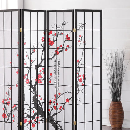 roundhill furniture black japanese 4-panel screen room divider, close-up detail