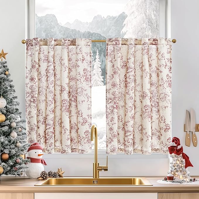 jinchan Linen Floral Tier Curtains 36 Inch Christmas Decorations Farmhouse by JINCHAN