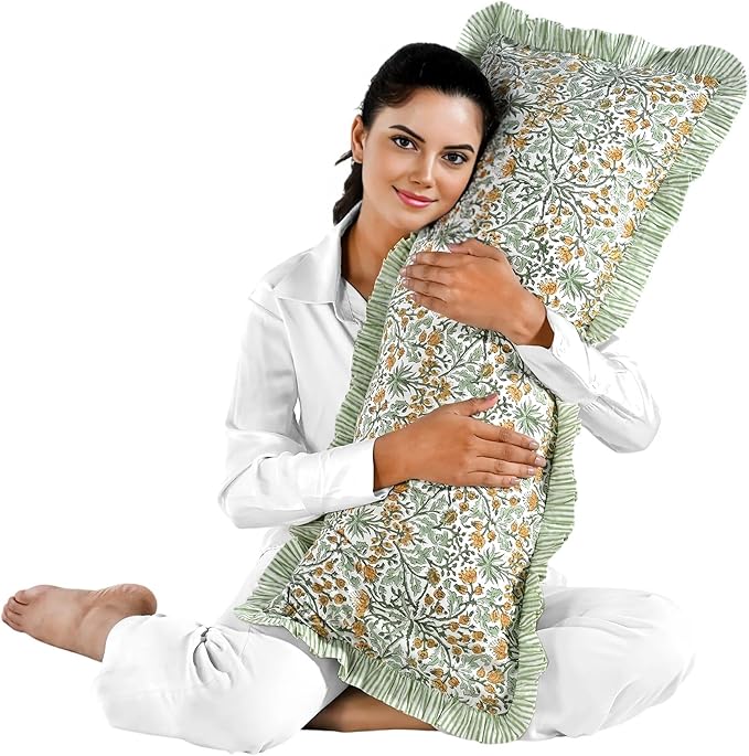 Ridhi Goldenrod Yellow 100% Cotton Block Print Ruffle Lumbar Sham Cover - Image 5