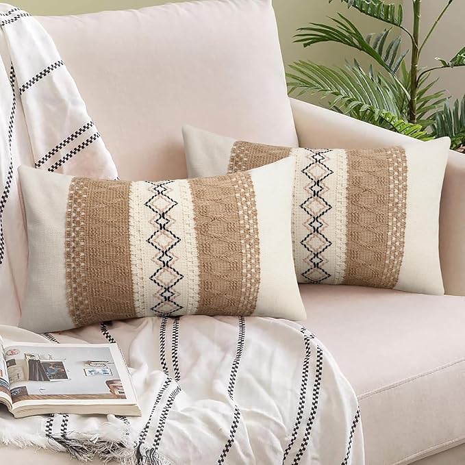 Pyonic Pack of 2 Boho Throw Pillow Covers 12x20 Inch Farmhouse Beige Decorative - Image 4
