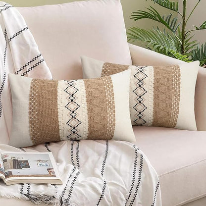 Pyonic Pack of 2 Boho Throw Pillow Covers 12x20 Inch Farmhouse Beige Decorative - Image 4