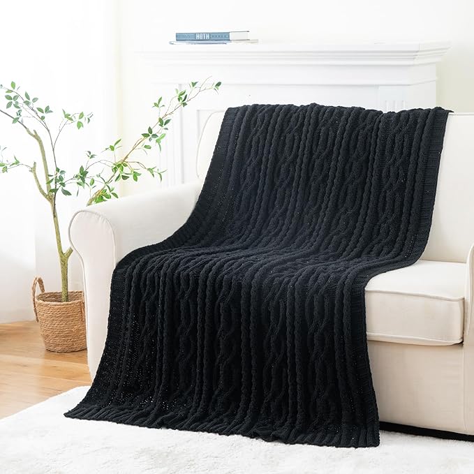 Battilo Black Throw Blanket for Couch, Cable Knit Blanket for Bed, Home Decor - Image 9