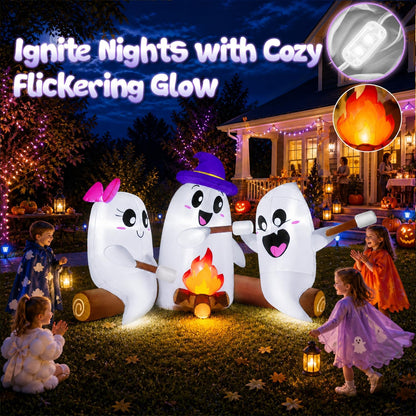 zukakii 6FT Long Halloween Inflatables Decorations Outdoor Campfire Ghosts Adorable Halloween Blow up Yard Decoration Blowup Cute 3 Ghosts Roasting Marshmallows Over Campfire Built-in LEDs Party Lawn