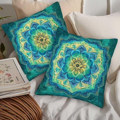 Mandala Flower Throw Pillow Covers 18x18 Set of 2 | Teal Bohemian Decorative - Image 5