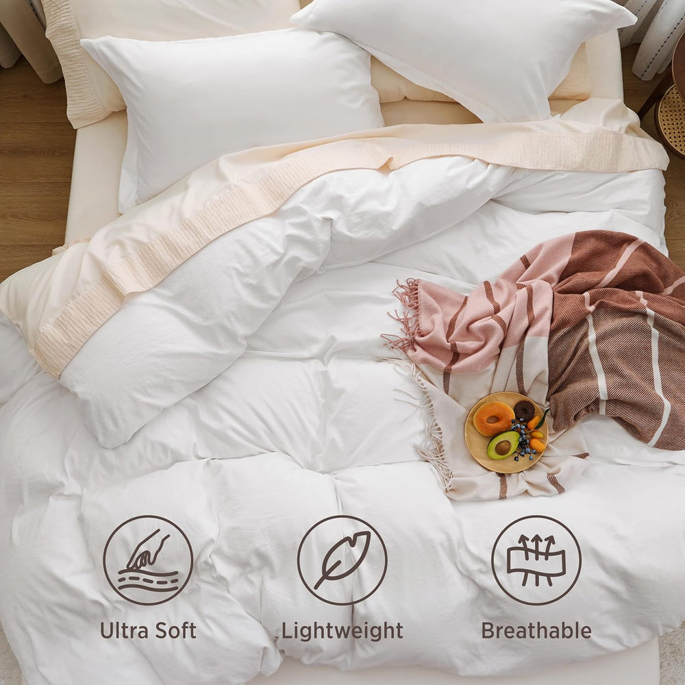 Bedsure Prewashed Oversized King Duvet Cover, Cotton-Like Soft Set, White