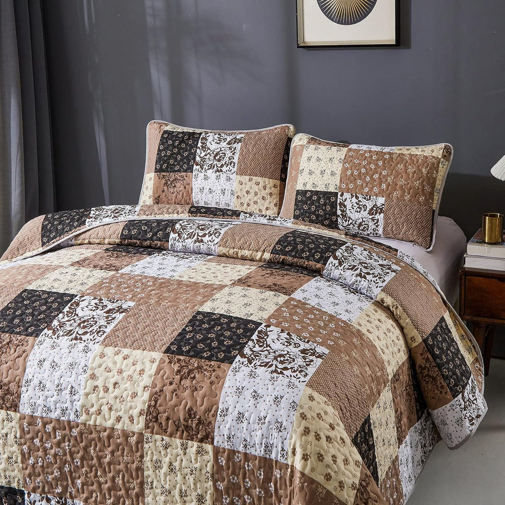 Mybedsoul Brown Quilt Set Full Size, Patchwork Floral Bedding Set