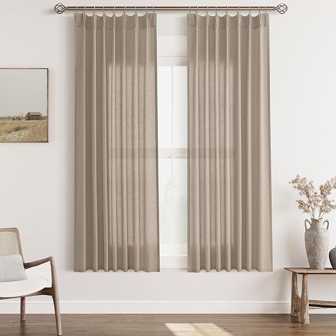 Light Taupe Pinch Pleat Linen Curtains 63 Inch Length 2 Panels Set by Aersas
