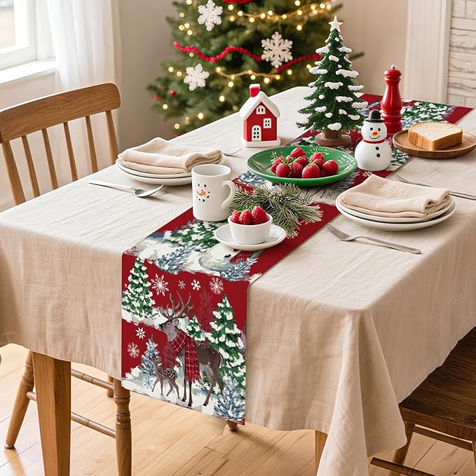 Artscope Reindeer Snowman Christmas Tree Table Runner, Xmas Winter Snowflakes - Image 3