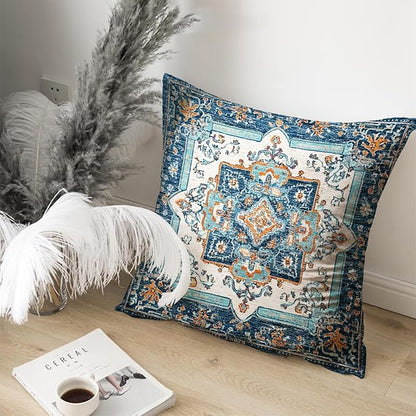 Bohemian Pillow Covers | Vintage Floral & Carpet Design | Double Sided Blue - Image 4