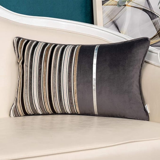 Yangest Grey Striped Patchwork Throw Pillow Cover Gold Leather Cushion Cover by Yangest