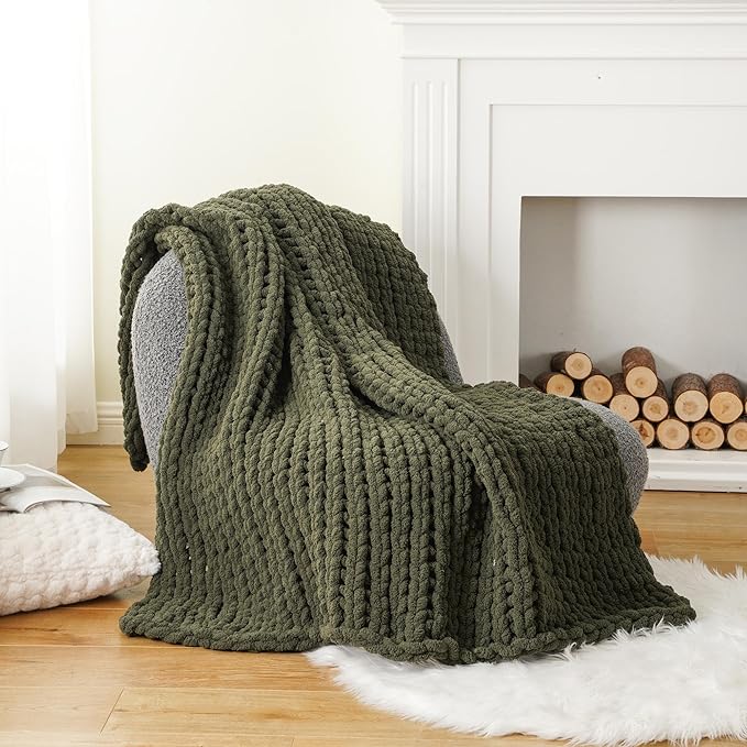 Battilo Olive Green Chunky Knit Throw Blanket, Soft and Thick Green Chenille - Image 2