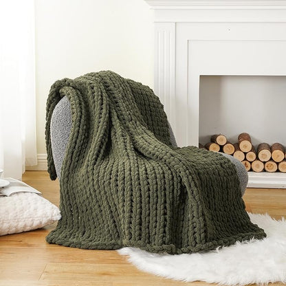 Battilo Olive Green Chunky Knit Throw Blanket, Soft and Thick Green Chenille - Image 2