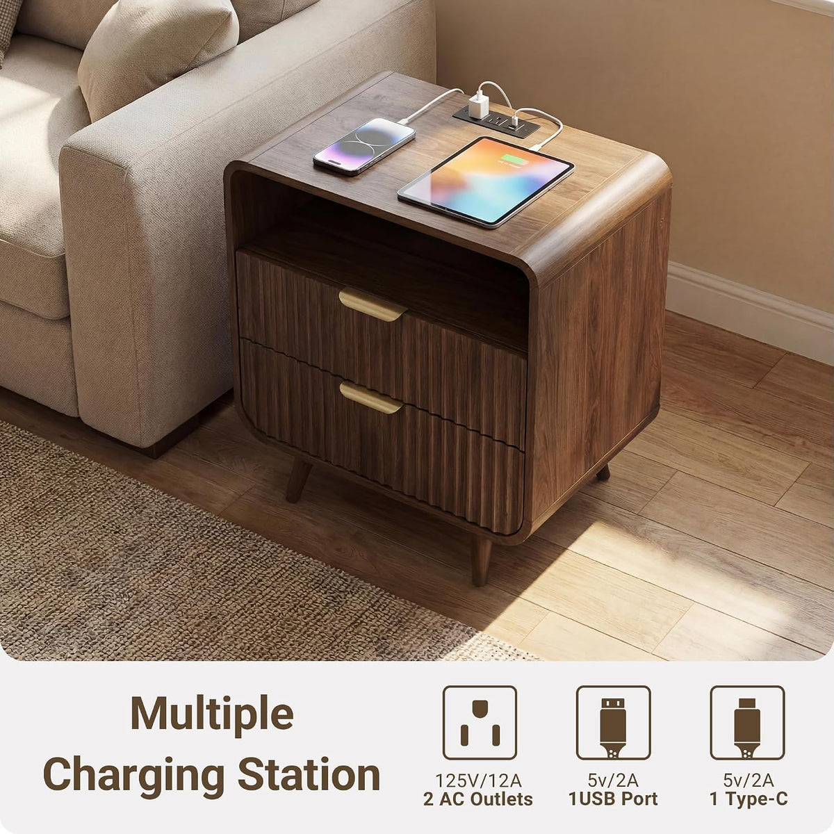 24" curved nightstand with charging station & led, close-up detail