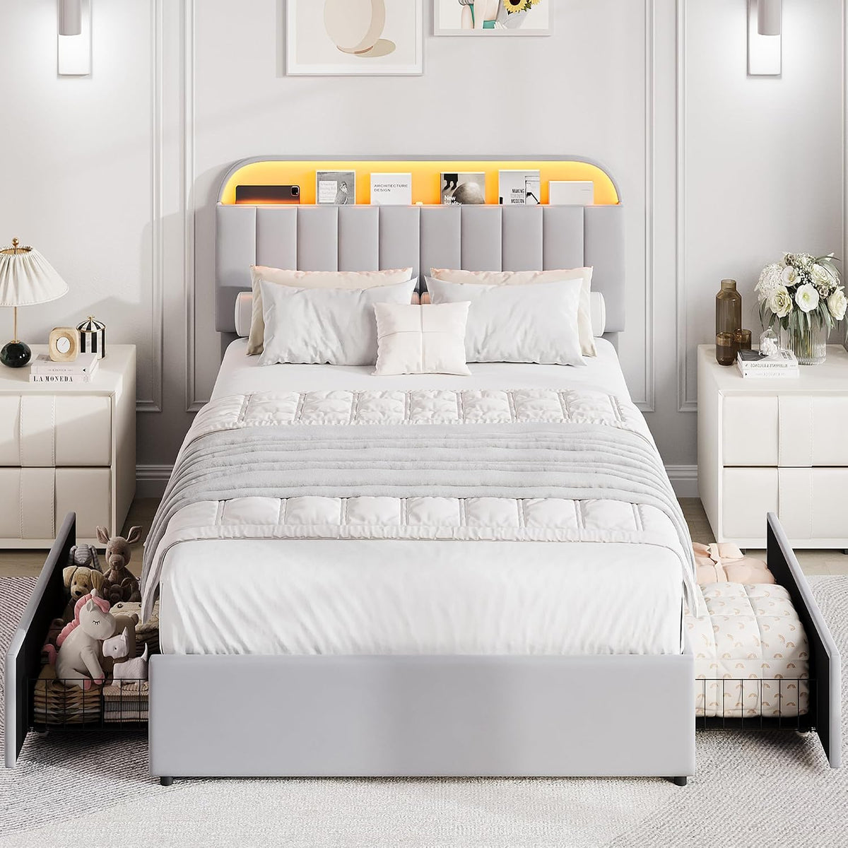 garveehome full bed frame, platform bed with storage, close-up detail
