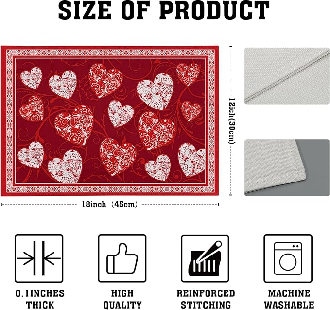 Giwawa Love Heart Placemats Set of 4, Valentines Day Red White Hearts Print - Image 4