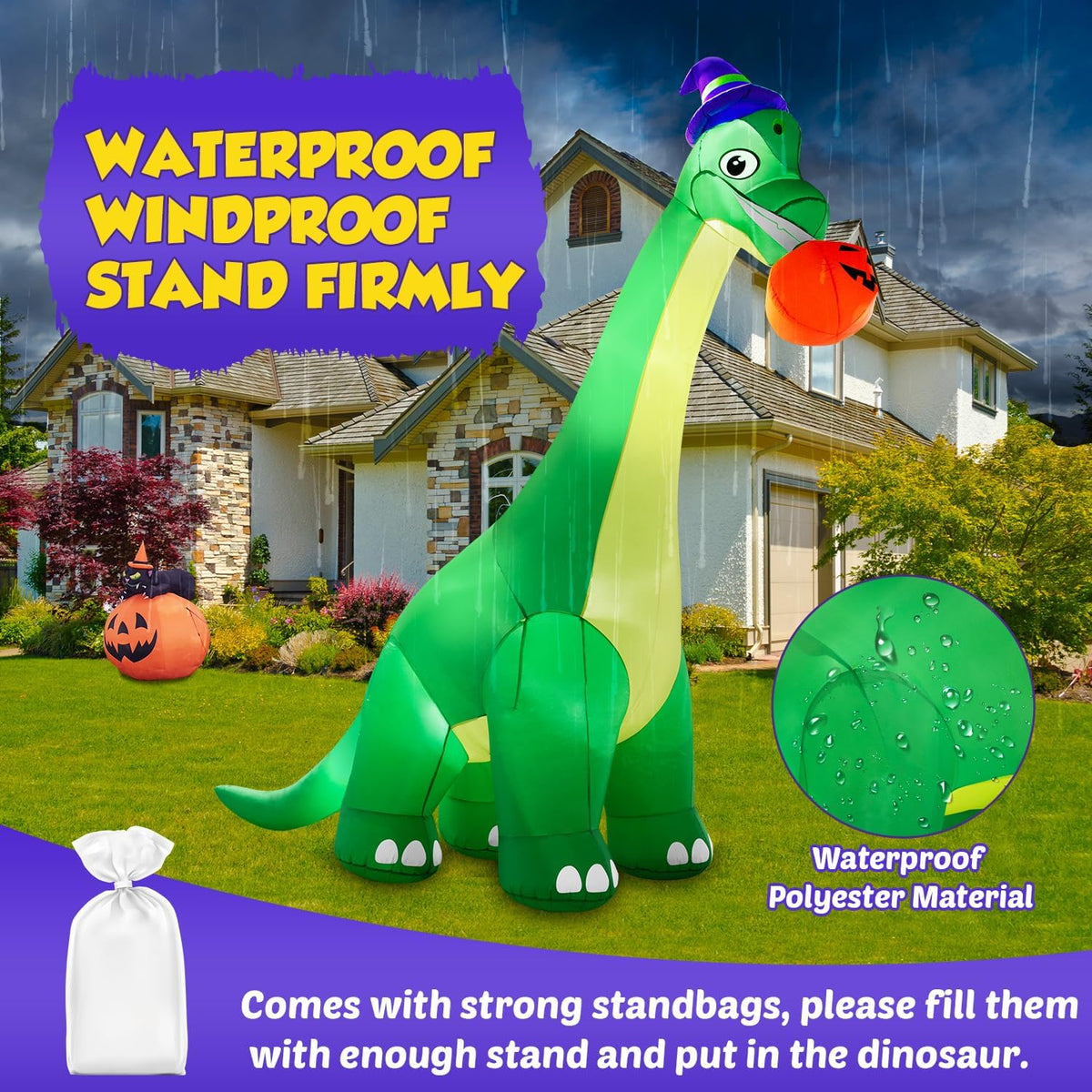 zukakii 13Ft Giant Halloween Dinosaur Inflatable Decorations, Bite Large Pumpkin with Witch Hat Build-in LED Light Strong Blower Huge Blow Up Yard Clearance Decor for Outdoor Indoor Holiday Party Yard
