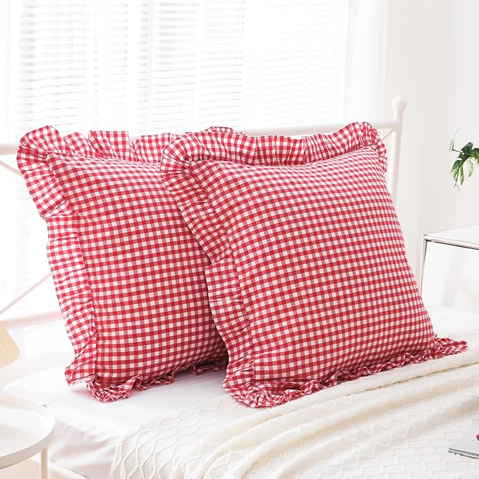 2 Pack Red White Plaid Ruffle Gingham Euro Throw Pillow Covers, 100% Washed - Image 7
