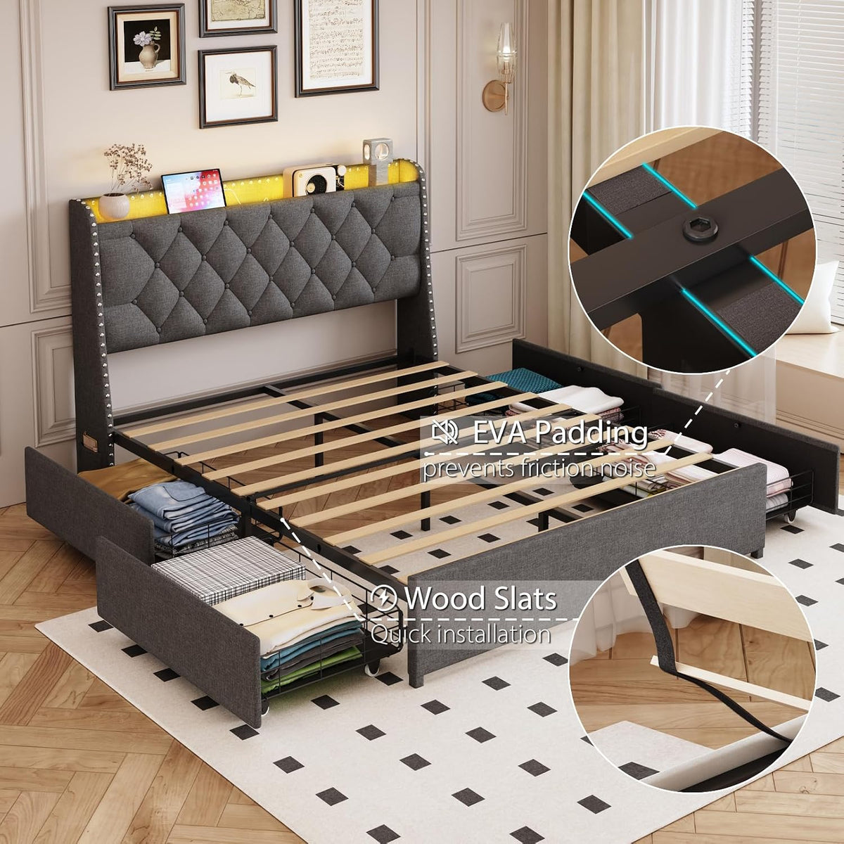 tigubfre queen size bed frame with 4 drawers on a desk or shelf
