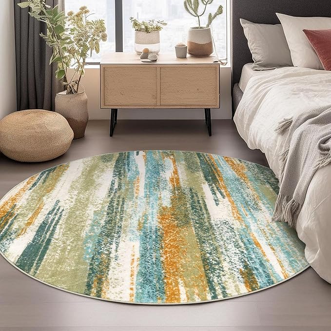 Modern Abstract Round Rug 6Ft, Soft Circular Dining Room Rug Thin Print Faux - Image 2
