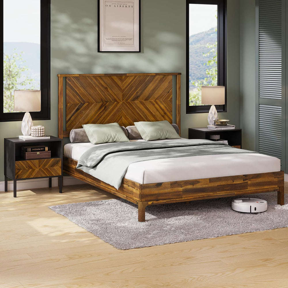 Bme Vivian 14 Inch Queen Size Bed Frame with Headboard, Rustic & Scandina...